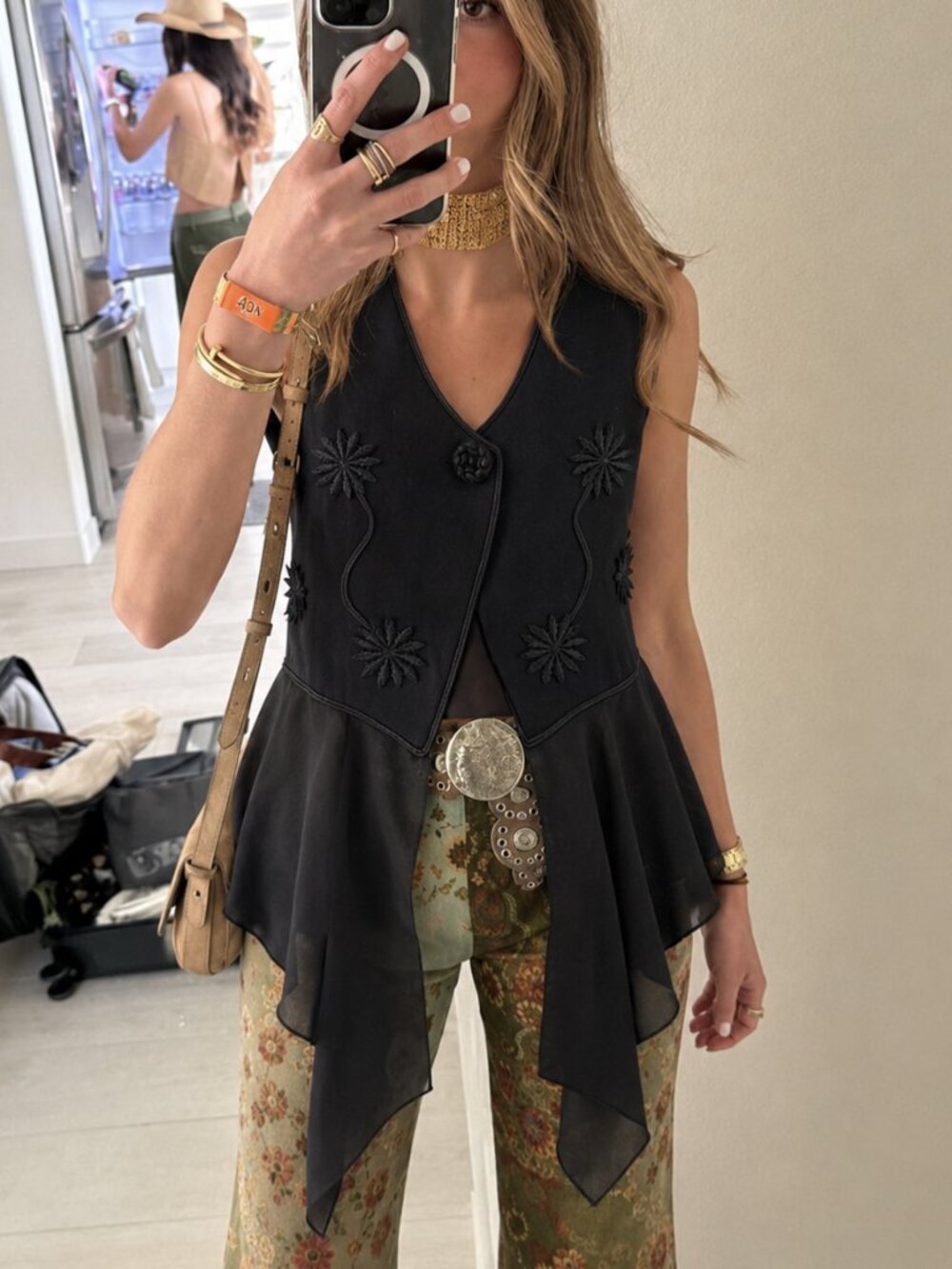 Vintage Black Waistcoat Vest Size Medium Top Sheer Embroidered (k)